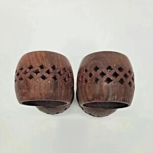 Vintage Teak Napkin Rings Set of 4 Diamond Lace Design